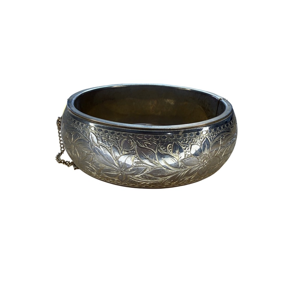 Vintage Gold Tone Etched Floral Sunflower Hinged Bangle Bracelet 80s